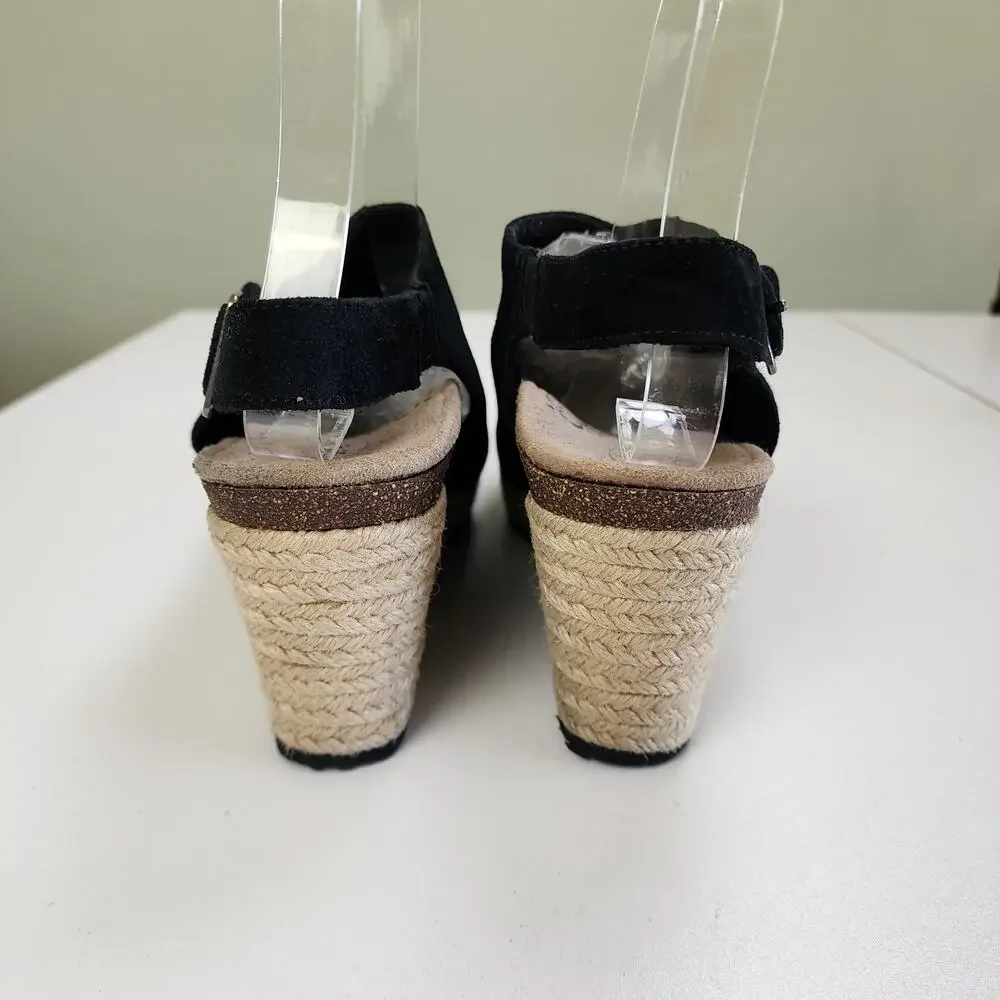 AETREX Womens Sherry Espadrille Wedge Sandal Size 10.5-11 Black Suede Perforated